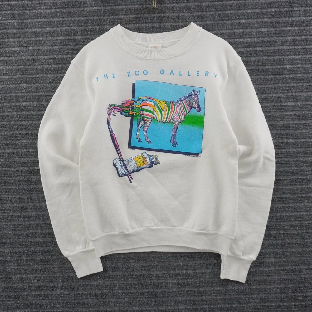 Vintage 80s 1983 The Zoo Gallery Sweatshirt Fruit of the Loom S White Zebra